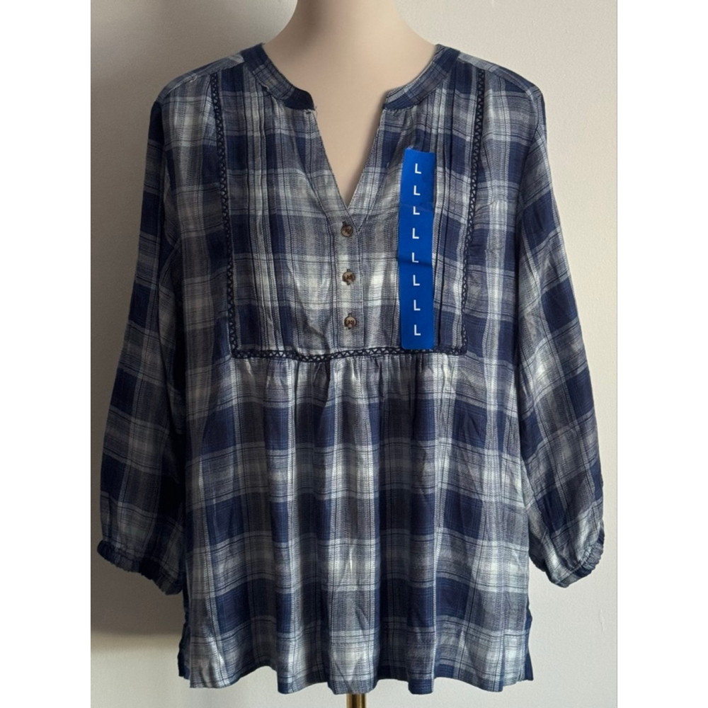 Women's Wrangler Blue & White Plaid Tunic Top L